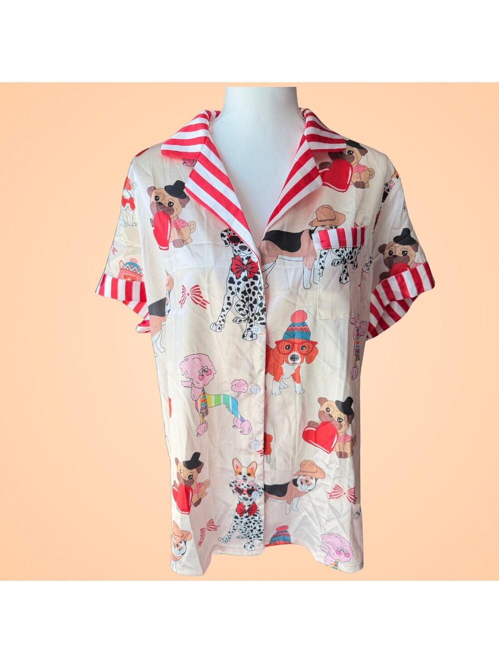 Ekouaer Womens XL Pajama Top Dog Print Button Down Short Sleeve NWT Sleepwear